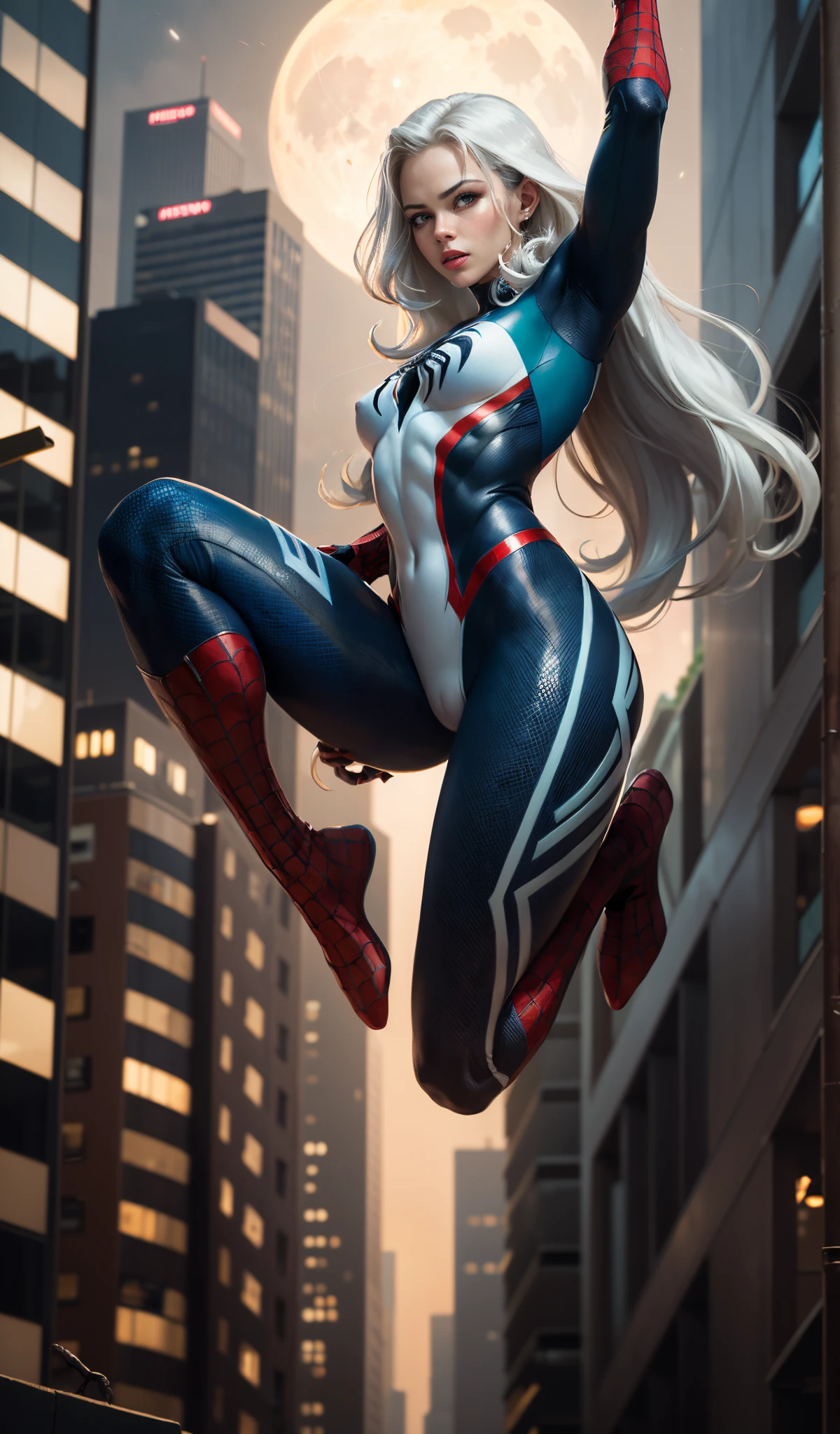 (Masterpiece, 4k resolution, ultra-realistic, very detailed), (White superhero theme, charismatic, there's a girl on top of town, wearing Spider-Man costume, she's a superhero), [ ((25 years), (long white hair:1.2), full body, (blue eyes:1.2), ((Spider-Man pose),show of strength, jumping from one building to another), ((sandy urban environment):0.8)| (cityscape, at night, dynamic lights), (full moon))] # Explanation: The Prompt mainly describes a 4K painting of ultra-high definition, very realistic, very detailed. It shows a superheroine at the top of the city, wearing a Spider-Man costume. The theme in the painting is a white superhero theme, the female protagonist has long white hair, is 25 years old and her entire body is shown in the painting. In terms of portraying the actions of superheroines, spiders are employed