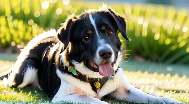 best quality, masterpiece, realistic, 1dog playing fetch, golden fur, green grass, sunny day