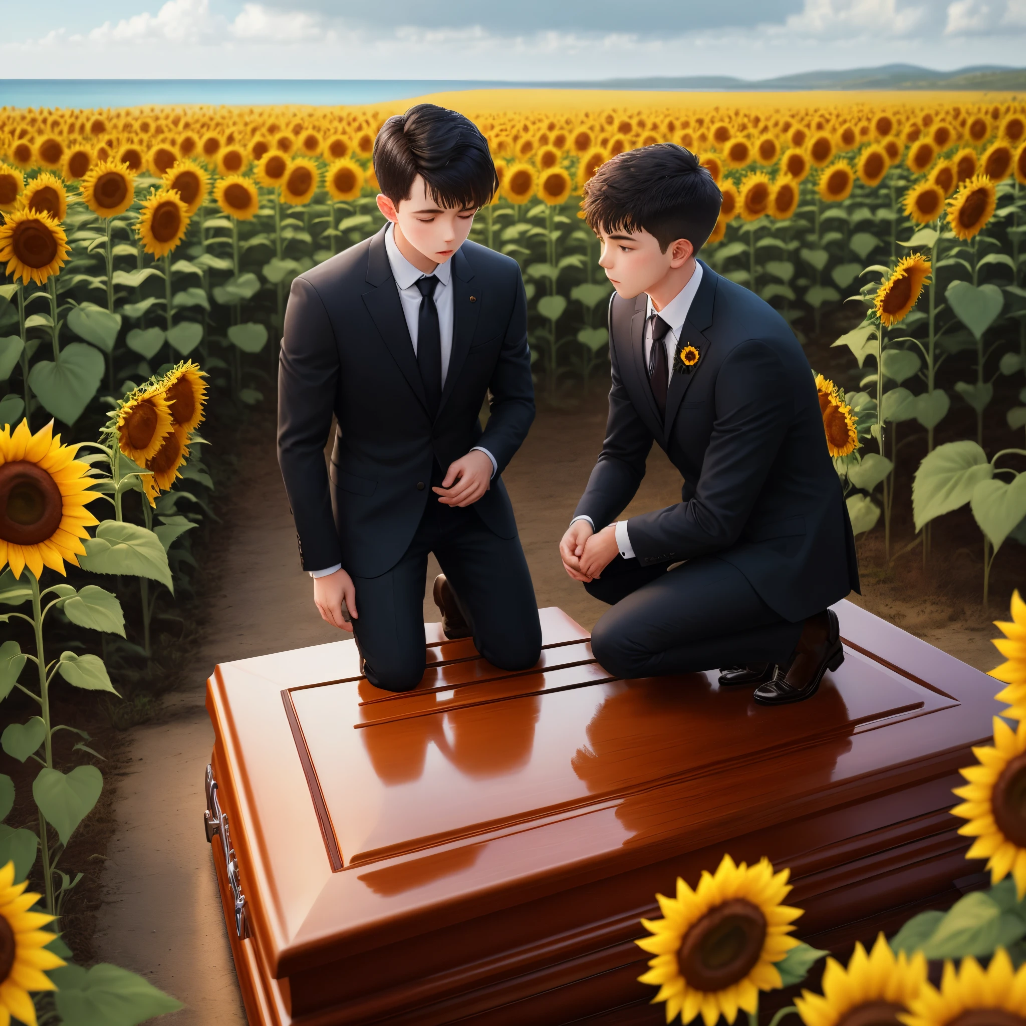 A dark-haired boy in a suit kneels in front of the coffin,Surrounded by a sea of sunflowers
