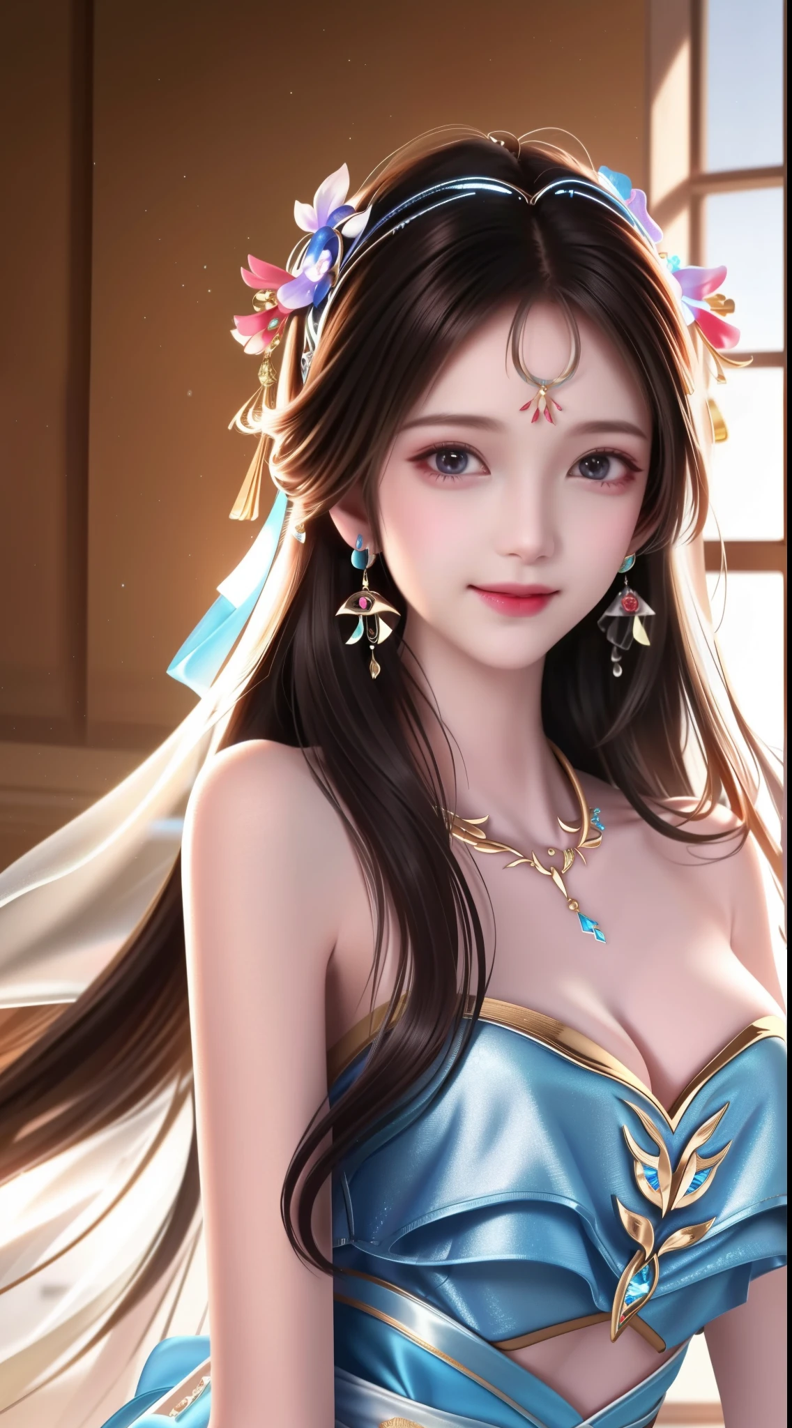 Best Quality, Masterpiece, High Resolution, 1girl, Clear Silk Porcelain Dress, Pretty Face, Hair Accessories, Look at the Audience, Smile, Close Mouth, Lips, Dress, Hair Accessories, Necklaces, Jewelry, Long Hair, Earrings, Beautiful Face, Body, Tindal Effect, Realism, Shadow Studio, Edge Lighting, Two-Color Lighting, (High Detail Skin: 1.2), 8k UHD, DSLR, Soft Light, High Quality, Volume Lighting, Photo, High Resolution 4K, 8k, Blurred Background