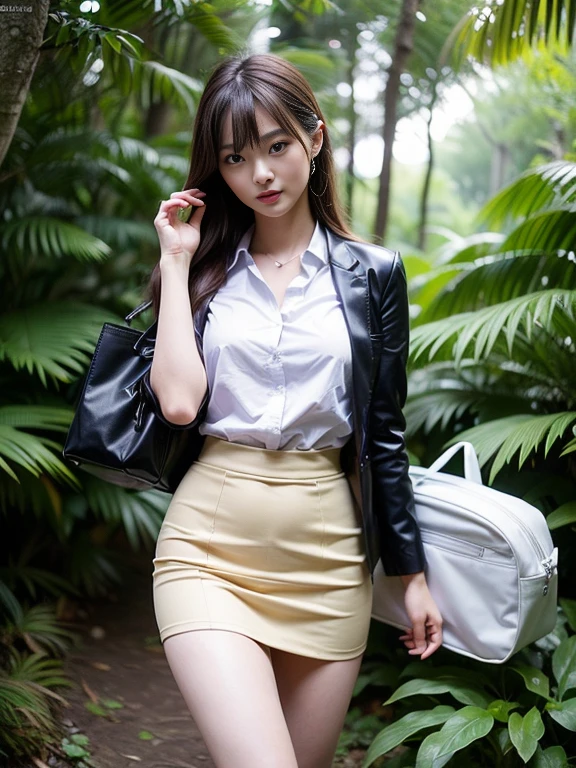 ((top-quality、in 8K、masterpiece:1.3、Raw photo))、Super high quality photos, In the tropical jungle, ((I am wearing a business suit jacket and skirt.)), ((Wear a white blouse shirt under the jacket)), ((Perfect beauty 20 year old idol Japan woman)), ((a smile)), ((nipples sticking out under the shirt,)), ((slim figure)), ((Slim legs)), ((slim thigh)), ((Perfect beauty 20 year old idol Japan woman)), (Photorealistic: 1.4), (Ultra-high detail), (hyper realisitic: 1.4), (Realistic: 1.3), (Smooth lighting: 1.05), Full body, 1girl in, Solo, (Japanese actressl), 20yr old, cinematlic lighting, ((slim figure)), ((Leaner figure)), Good anatomy, Correct anatomy, In the tropical jungle, ((Perfect beauty 20 year old idol Japan woman)), ((slim figure)), ((Slim legs)), ((slim thigh)), ,((Perfect beauty)), ((He has a small camping bag in one hand.)),
