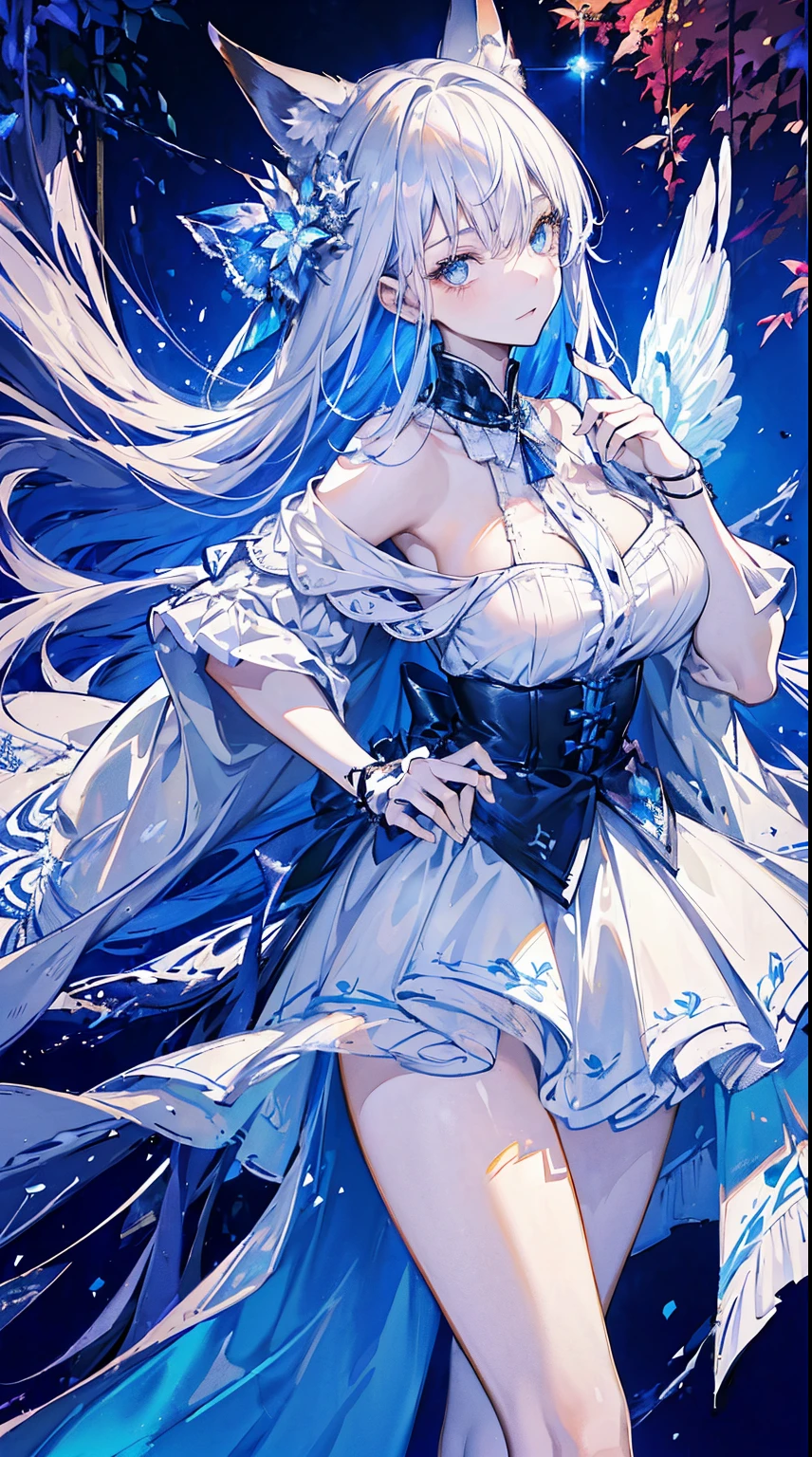 ((tmasterpiece:1.2)), ((Best quality at best)), Highly detailed illustration style, Detailed skin texture, The texture of the fabric is delicate, Extremely detailed description, (t masterpiece), Super beautiful illustrations, The face is very detailed, RAW photogr, professional, Ultra-fine painting, Complicated details, super detailing, Intricate decorative details, perfect anatomia, a true, (Super beautiful and cool blue eyed silver fox girl dressed as fashion model), ((Beautiful silver fox ears)), (Beautiful silver fox tail), Beautiful big breasts, (Beautiful shiny silver hair), (beautiful clear blue eyes), (Exquisite, Beautiful and clear eyes:1.6), ((detail-rich、Exquisite autumn and winter fashion brand clothing)), ssmile, ((model walking)), ((looking at me)), ((In the daytime)), (A detailed and beautiful collection of special places in Paris), (8K highest quality wallpaper), (Highly meticulous、beatiful background)