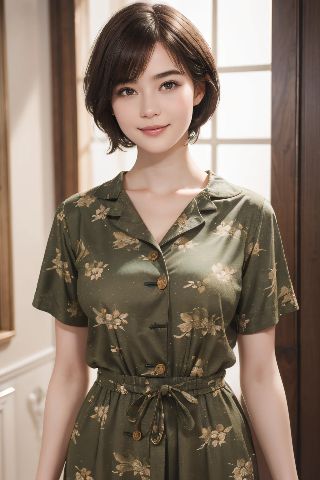 111
(a 20 yo woman,is standing), (A hyper-realistic), (high-level image quality), ((beautiful hairstyle 46)), ((short-hair)), (Gentle smile), (breasted:1.1), (wildlife print clothing)