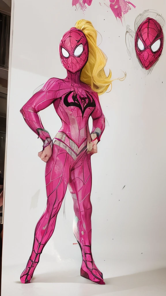 ((masterpiece)),(((best quality))),((character design sheet)), ((full body view)) illustration,1girl, muscular, ((pink bodysuit:1.5)), (masked face:1.6) superhero, (black ponytail:1.4), (puffy lips:1.6) (black cape:1.4) beautiful woman, (small breasts:1.3)(black legs:1.3)shiny skin, (gold emblem on chest:1.2),scribbles and marks, rough sketches, pose, 8k,16k, (simple background, white background: 1.3) (gigantic breasts:1.2)