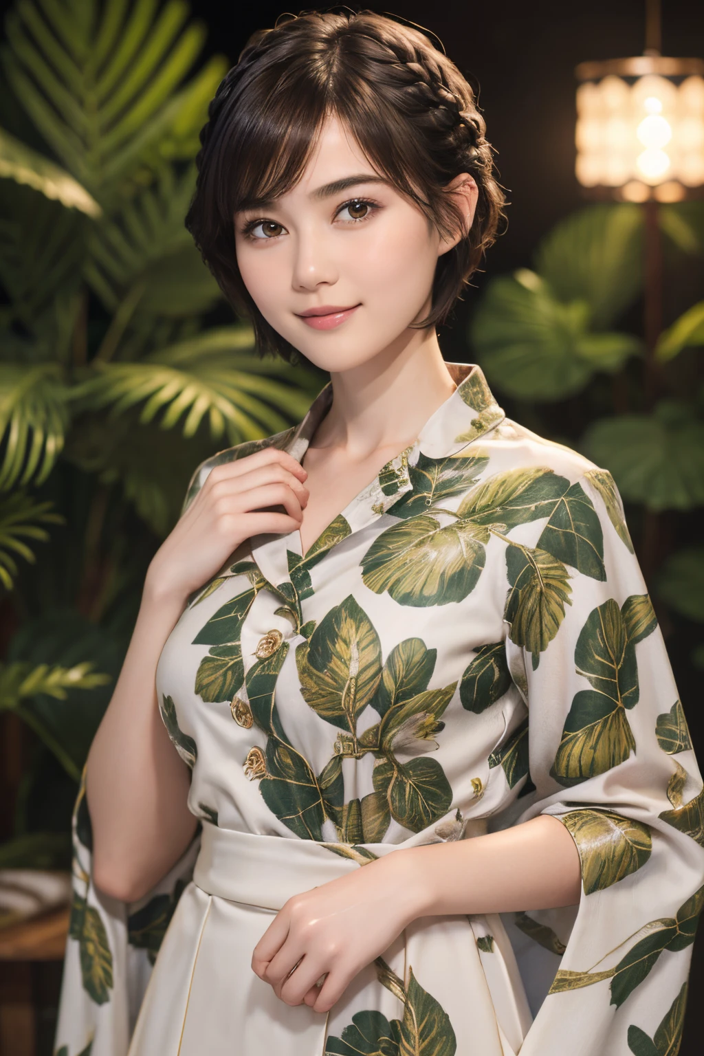 111
(a 20 yo woman,is standing), (A hyper-realistic), (high-level image quality), ((beautiful hairstyle 46)), ((short-hair)), (Gentle smile), (breasted:1.1), (wildlife print clothing)