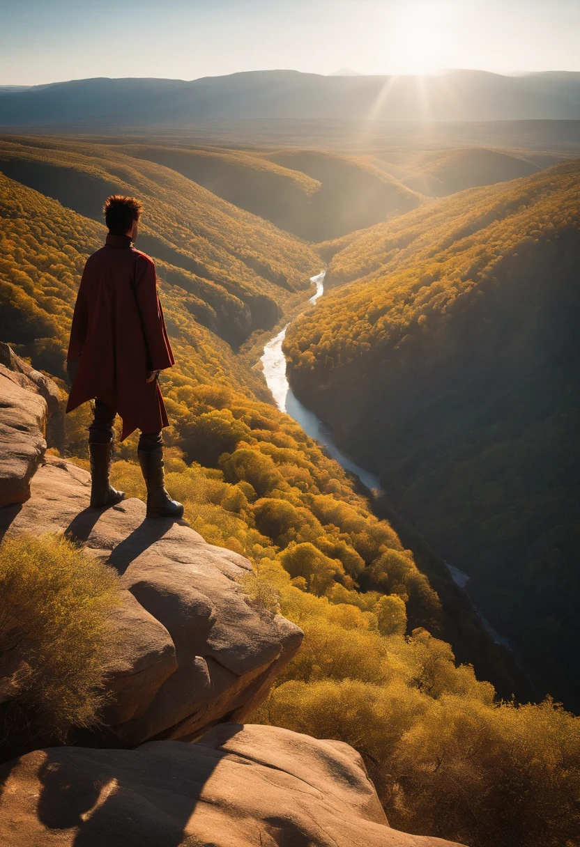 A photo of our hero standing on a cliff overlooking a vast canyon, with the sun casting long shadows,Naruto Shippuden,Naruto