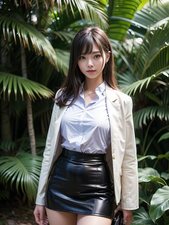 ((top-quality、in 8K、masterpiece:1.3、Raw photo))、Super high quality photos, In the tropical jungle, ((I am wearing a business suit jacket and skirt.)), ((Wear a white blouse shirt under the jacket)), ((Perfect beauty 20 year old idol Japan woman)), ((a smile)), ((nipples sticking out under the shirt,)), ((slim figure)), ((Slim legs)), ((slim thigh)), ((Perfect beauty 20 year old idol Japan woman)), (Photorealistic: 1.4), (Ultra-high detail), (hyper realisitic: 1.4), (Realistic: 1.3), (Smooth lighting: 1.05), Full body, 1girl in, Solo, (Japanese actressl), 20yr old, cinematlic lighting, ((slim figure)), ((Leaner figure)), Good anatomy, Correct anatomy, In the tropical jungle, ((Perfect beauty 20 year old idol Japan woman)), ((slim figure)), ((Slim legs)), ((slim thigh)), ,((Perfect beauty)), ((He has a small camping bag in one hand.)),