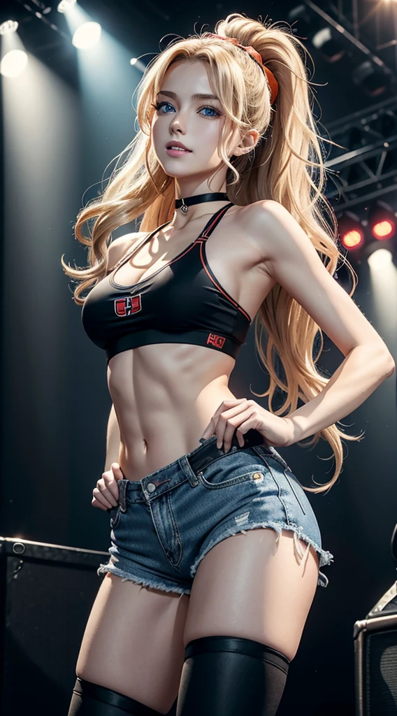 A 23-year-old white woman with unparalleled beauty.、blue eyess、dark blonde、hair is wavy、Longhaire、wears a red headband on his head、The ends of the hair are curled upwards、Playing an electric guitar on stage at a music festival venue、a smile、She is wearing a black sports bra made by a sports manufacturer.、wearing a black choker、I'm wearing hot pants made of jeans fabric with tight distressing.、The navel is out、My abs are cracked、Slender yet well-proportioned body、sunlight is shining from above、Photorealistic images、8K picture quality、I'm punching my chest、I don't want my head to disappear from the screen.、The color of the jacket is random、I'm wrapping my jacket around my waist、I'm pulling my hair up、I have a wristband on my wrist、Only one leg is wearing thigh-high orange stockings.、The band's logo is painted large behind the stage.