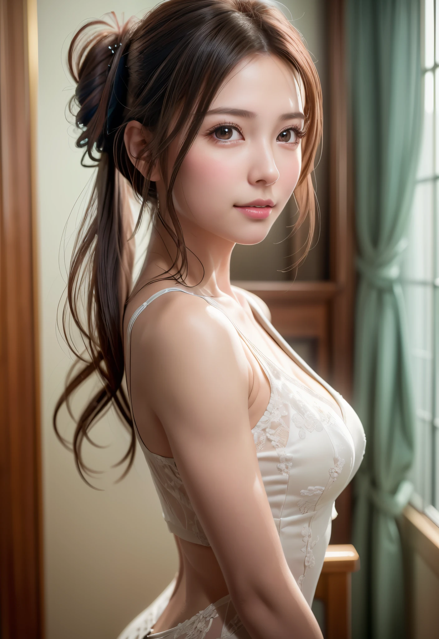 bright表情、Realistic:1.32、Highest quality、Ultra-high resolution、最も美しい日本のgirlの写真、Cute and beautiful facial details、Small face、美しいbangs、************、Shine、Shine肌、Hair gets tangled in the face、(girl１Only people:1.3)、顔まで伸びるbangs、bangs、Hair between the eyes、Attractive brown silky hair、bright、彼女の澄んだ瞳は魅力的にShine、Cute pose、Highest quality、((世界一可愛いgirl))、Japanese、((In a one-piece dress:1.4))、((Upper Bodyのドレスを開く:1.4))、Newest Brands、(ponytail:1.3)、(Showing her boobs:1.3)、Nice and cute、An innocent smile、nice smile、Cleavage、Underarm、(Big Breasts:1.4)、(Showing erect nipples:1.5)、Brown Hair、Small waist、Beautiful eyes in every detail、View your viewers、Upper Body、Face close-up、Front view、Bedroom at night