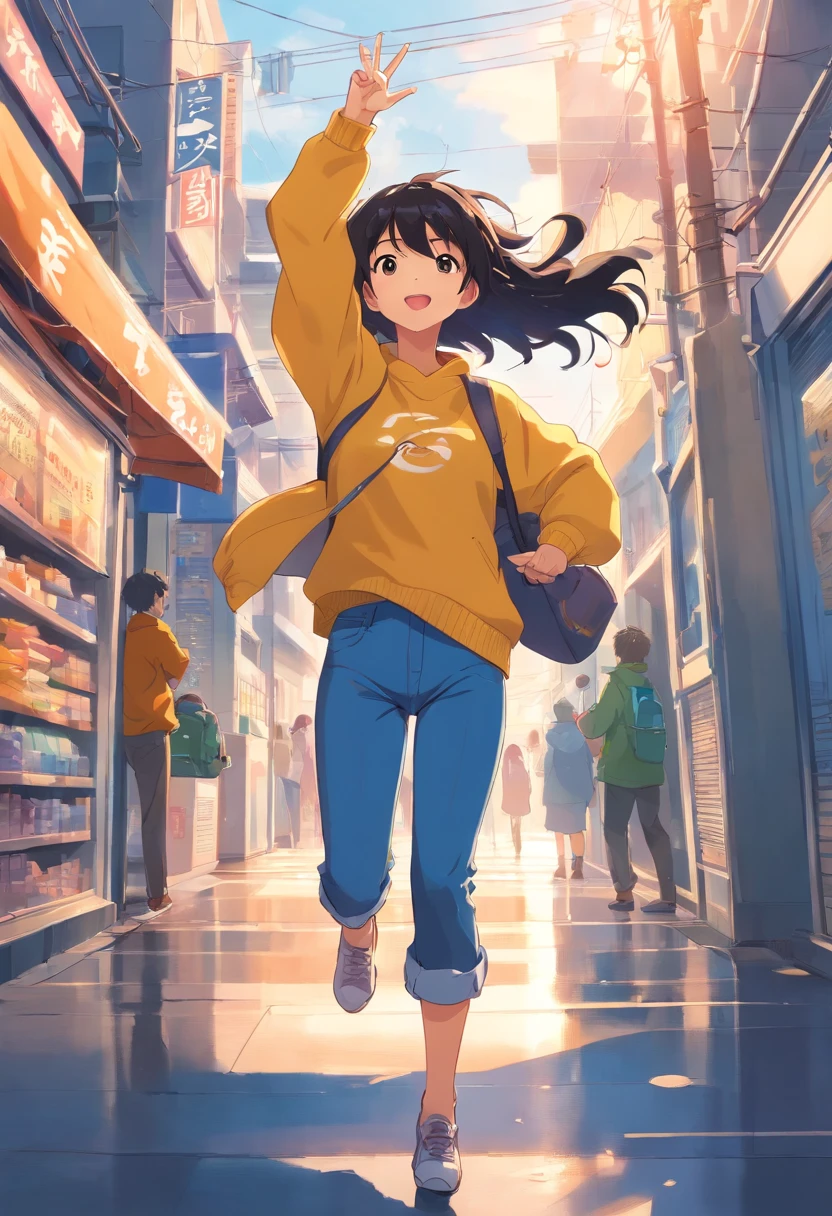 number art、Full character,black hair girl,25 age old,Yellow knitted sweater,blue denim pants,jump to the sky,Raise your hands above your head,Holding a cell phone in one hand,vivd colour,white backgrounid,flat form style,清晰的线条