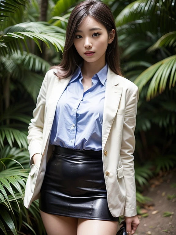 ((top-quality、in 8K、masterpiece:1.3、Raw photo))、Super high quality photos, In the tropical jungle, ((Wearing business suit jacket and skirt)), ((Wear a white blouse shirt under the jacket)), ((Perfect beauty 20 year old idol Japan woman)), ((a smile)), ((nipples sticking out under the shirt,)), ((slim figure)), ((Slim legs)), ((slim thigh)), ((Perfect beauty 20 year old idol Japan woman)), (Photorealistic: 1.4), (Ultra-high detail), (hyper realisitic: 1.4), (Realistic: 1.3), (Smooth lighting: 1.05), Full body, 1girl in, Solo, (Japanese actressl), 20yr old, cinematlic lighting, ((slim figure)), ((Leaner figure)), Good anatomy, Correct anatomy, In the tropical jungle, ((Perfect beauty 20 year old idol Japan woman)), ((slim figure)), ((Slim legs)), ((slim thigh)), ,((Perfect beauty)), ((He has a small camping bag in one hand.)),