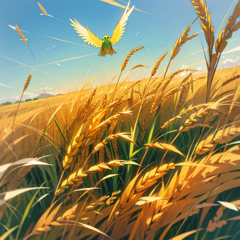 Green wheat fields with cuckoos flying in the sky