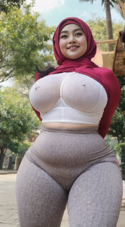 masterpiece, high quality photos, detailed photos, beautiful chubby Malay woman wearing a hijab, has super plump breasts, wearing a tight t-shirt, sexy leggings, big buttocks, posing smiling in the park, detailed body description, detailed facial description,