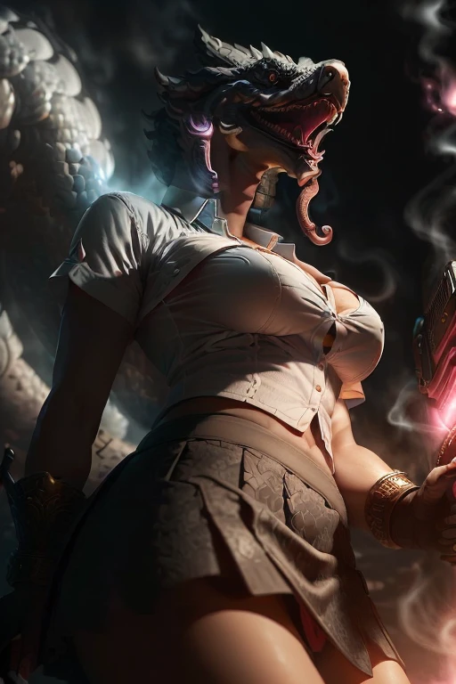 (upper body shot:1.2), an anthropomorphic humanoid NagaSerpentGod in (white shirt:1.2), (short black skirt:1.2), crest, medium breast, (photorealistic:1.1), (cinematic lighting:1.1), hyper-realistic texture, hold rifle gun shooting pink bullet with red flare to sky