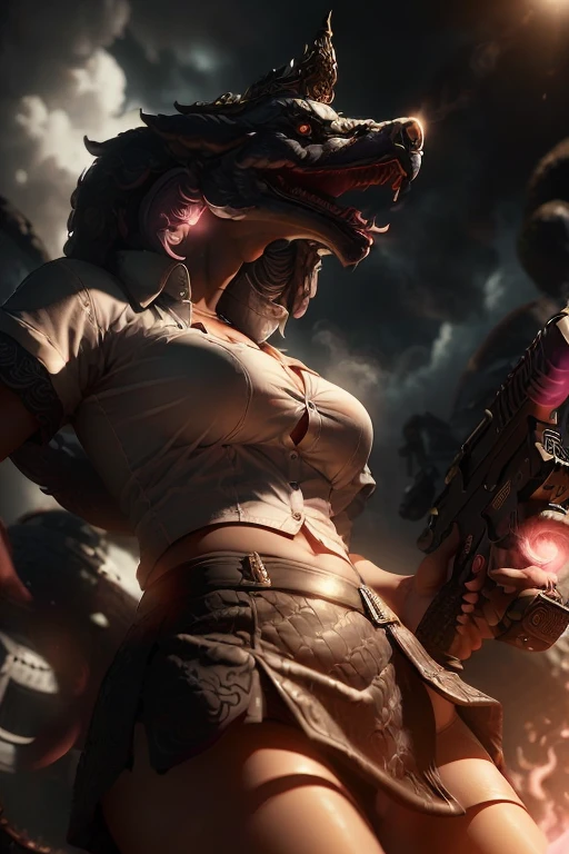 (upper body shot:1.2),   an anthropomorphic humanoid NagaSerpentGod in (white shirt:1.2), (short black skirt:1.2), crest, medium breast, (photorealistic:1.1), (cinematic lighting:1.1), hyper-realistic texture, hold rifle gun shooting pink bullet with red flare to sky