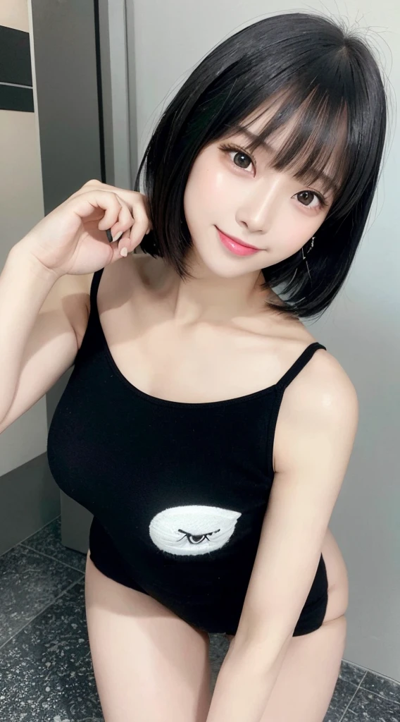 Smaller face、big eye、childish、(short-hair)、big butts、A smile, hight resolution, hightquality, , 超A high resolution, Best Quality, Realistic, photographrealistic, ultra-detailliert,Raw photo, ulzzang-6500,ulzzang -6500-v1.1, (Pointed huge chest) ,(Narrow waist,Firm thighs, Narrow calves), (agitation,lightsmile),makeup, White skin,Clear skin,Fair skin,A detailed face,Symmetrical eyes,)(Shiny skin), (Beautiful black eyes,Beautiful black hair),Cute clothes,(gravity reversal:1.4)