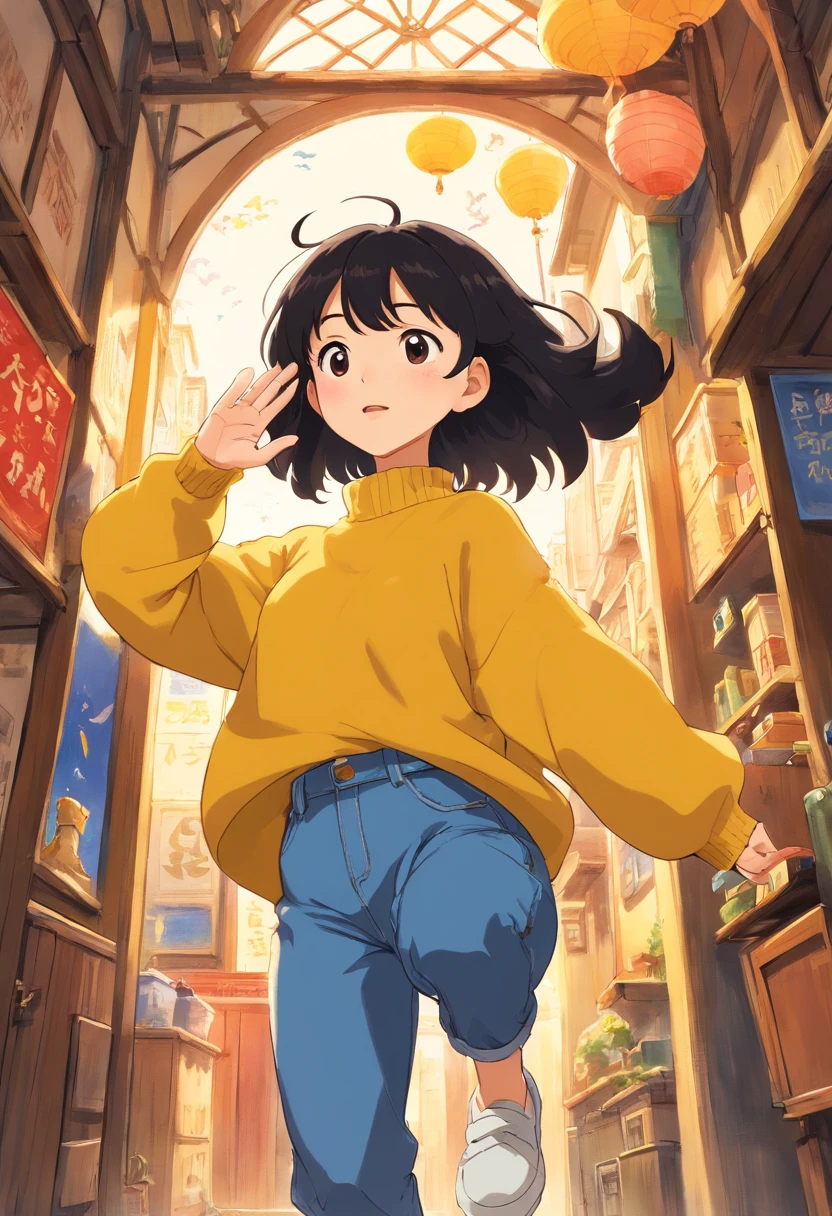 number art、Full character,black hair girl,25 age old,Yellow knitted sweater,blue denim pants,jump to the sky,Raise your hands above your head,Holding a cell phone in one hand,vivd colour,white backgrounid,flat form style,清晰的线条