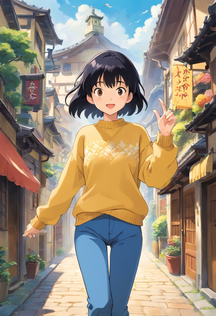 number art、Full character,black hair girl,25 age old,Yellow knitted sweater,blue denim pants,jump to the sky,Raise your hands above your head,Holding a cell phone in one hand,vivd colour,white backgrounid,flat form style,清晰的线条