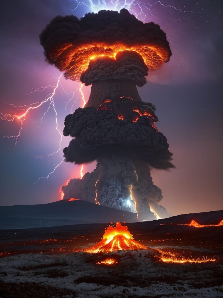 volcanoes,blaze,blasts,molten lava,dense smoke,Nuclear explosion mushroom cloud explosion site,Pair with purple and blue gemstones, The fantasy is very detailed, Has a gorgeous magic lightning ring, magia, beautiful detailed fantasy, hyper-high detail, , The magic fantasy is very detailed, Stunning fantasy 3d rendering, Inspired by L. A, Highly detailed aesthetics, hyper-high detail