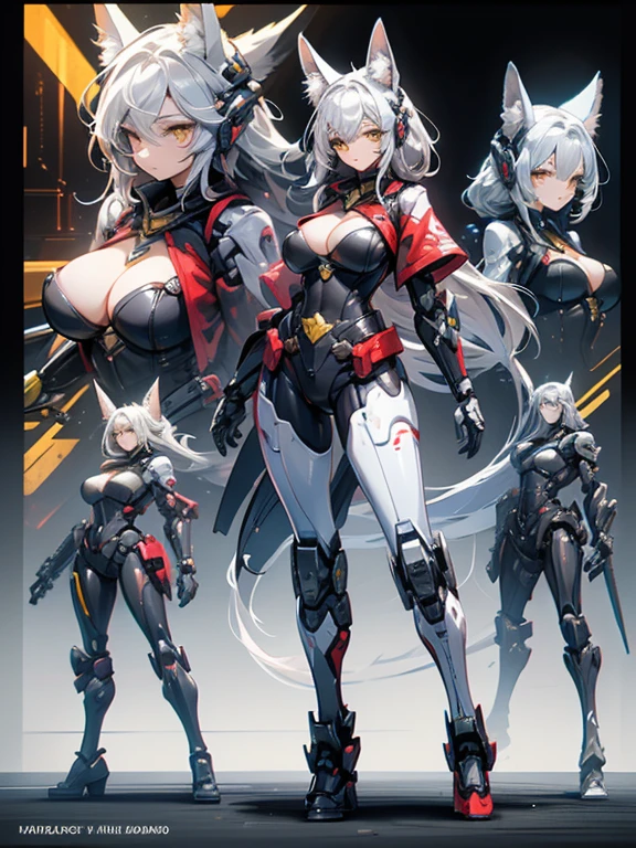 (masterpiece), (best quality:1.4), (perfect anatomy:1.4), high quality, expressive eyes, full body, tall girl, detailed face, beautiful face, perfect face, breasts, cleavage, gloves, huge breasts, cyberpunk, (black armor), long hair, ((tanned skin)), straight hair, detailed (ash gray hair), detailed eyes, (yellow eyes), fox ears, fox tail, hourglass physique, bodysuit, thick thighs, toned, emblem, superhero, dynamic lighting, 4k resolution, dynamic pose, cover, mecha musume, fortified suit, mechanical parts, headgear, robot joints, bodysuit, deva battle suit, glove