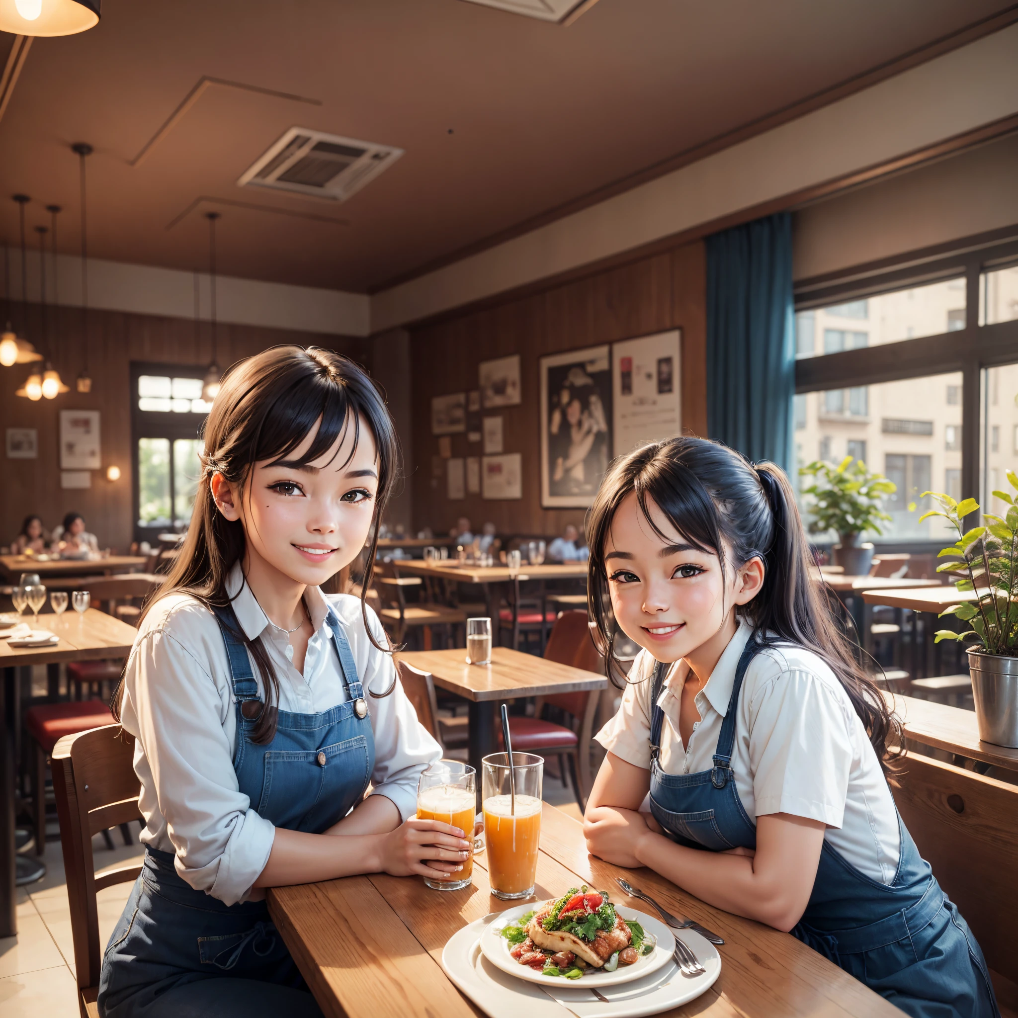 A family dining in a restaurant, with the girl smiling. --auto --s2
