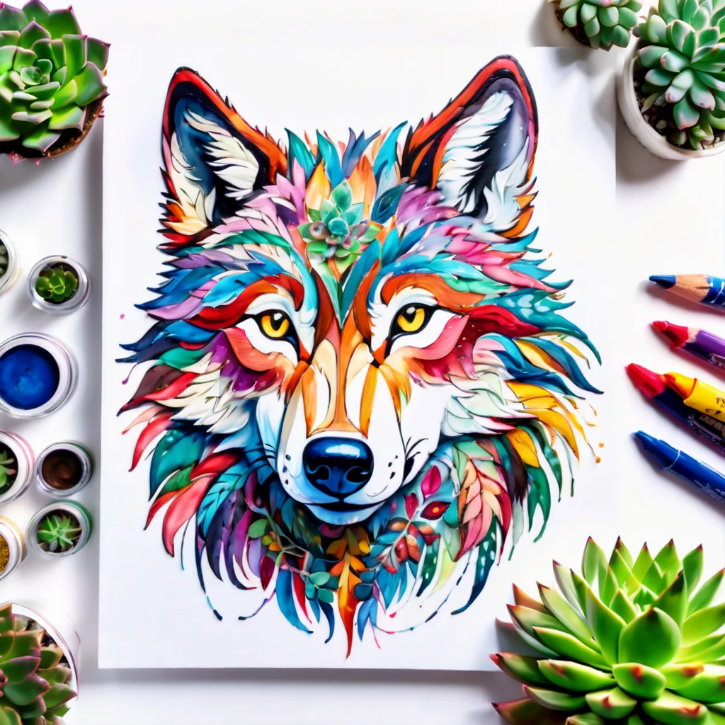 an experienced artist carefully crafting a paper depiction of a wolf's countenance on a table, skilled hands of an elderly artist bringing to life a stunning illustration of a wolf's visage on a table, adorned with lush succulents and a breathtaking crayon rendering, capturing every intricate detail with precision and high definition.surrounded by a collection of vibrant succulents and a captivating crayon art masterpiece, radiating a serene and detailed ambiance with expert brushwork and superior resolution,