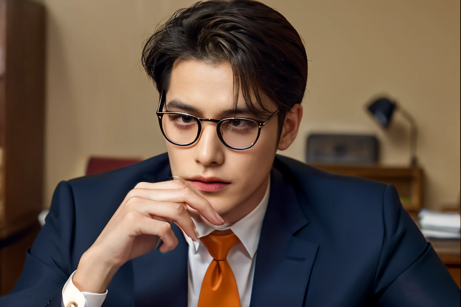 Chen Zhihao 、Male president of a Taiwanese financial company、Early 30s。Smart Casual Suit、calm atmosphere、which are full of confidence。Short hair and wearing glasses。Nice and clean、Smart impression。eye glasses。