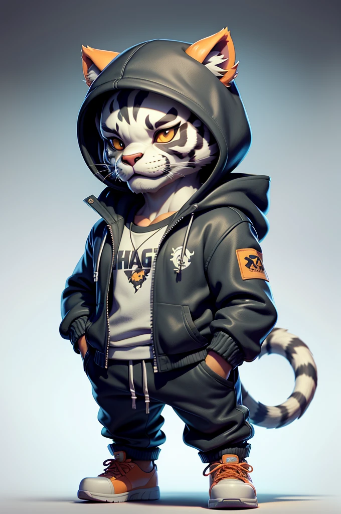 C4tt4stic, Cartoon white tiger in black jacket and orange sweatpants, wearing a knit hat,