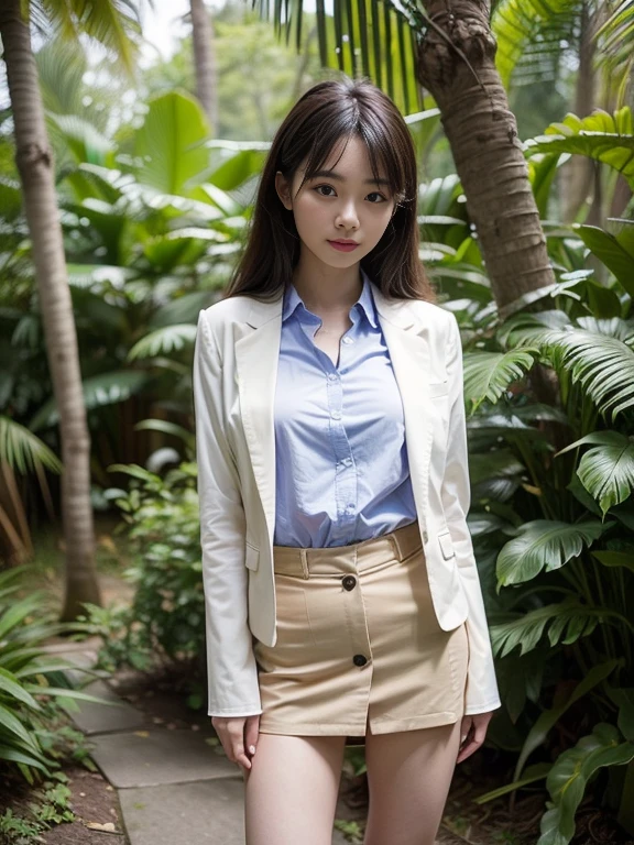((top-quality、in 8K、​masterpiece:1.3、Raw photo))、Super high quality photos, In the tropical jungle, ((Wearing business suit jacket and skirt)), ((Wear a white blouse shirt under the jacket)), ((Perfect beauty 20 year old idol Japan woman)), ((a smile)), ((nipples sticking out under the shirt,)), ((slim figure)), ((Slim legs)), ((slim thigh)), ((Perfect beauty 20 year old idol Japan woman)), (Photorealistic: 1.4), (Ultra-high detail), (hyper realisitic: 1.4), (Realistic: 1.3), (Smooth lighting: 1.05), Full body, 1girl in, Solo, (Japanese actressl),　20yr old, cinematlic lighting, ((slim figure)), ((Leaner figure)), Good anatomy, Correct anatomy, In the tropical jungle, ((Perfect beauty 20 year old idol Japan woman)), ((slim figure)), ((Slim legs)), ((slim thigh)), ,((Perfect beauty)), ((He has a small camping bag in one hand.)),