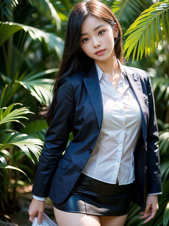 ((top-quality、in 8K、masterpiece:1.3、Raw photo))、Super high quality photos, In the tropical jungle, ((Wearing a business suit with jacket and skirt)), ((Wear a white blouse shirt under the jacket)), ((Perfect beauty 20 year old idol Japan woman)), ((a smile)), ((protruding nipples under the shirt,,)), ((Hair fluttering in the wind)), ((slim figure)), ((Slim legs)), ((slim thigh)), ((Perfect beauty 20 year old idol Japan woman)), (Photorealistic: 1.4), (Ultra-high detail), (hyper realisitic: 1.4), (Realistic: 1.3), (Smooth lighting: 1.05), Full body, 1girl in, Solo, (Japanese actressl), 20yr old, cinematlic lighting, ((Leaner figure)), Good anatomy, Correct anatomy, In the tropical jungle, ((Perfect beauty 20 year old idol Japan woman)), ((Slim legs)), ((slim thigh)), ,((Perfect beauty)), ((He has a small camping bag in one hand.)), ((Panties are visible through the skirt)), ((a smile)), ((camel's toe)), ((((Wearing a business suit with jacket and skirt)), ((The wind is blowing up my skirt and I can see my panties.)),