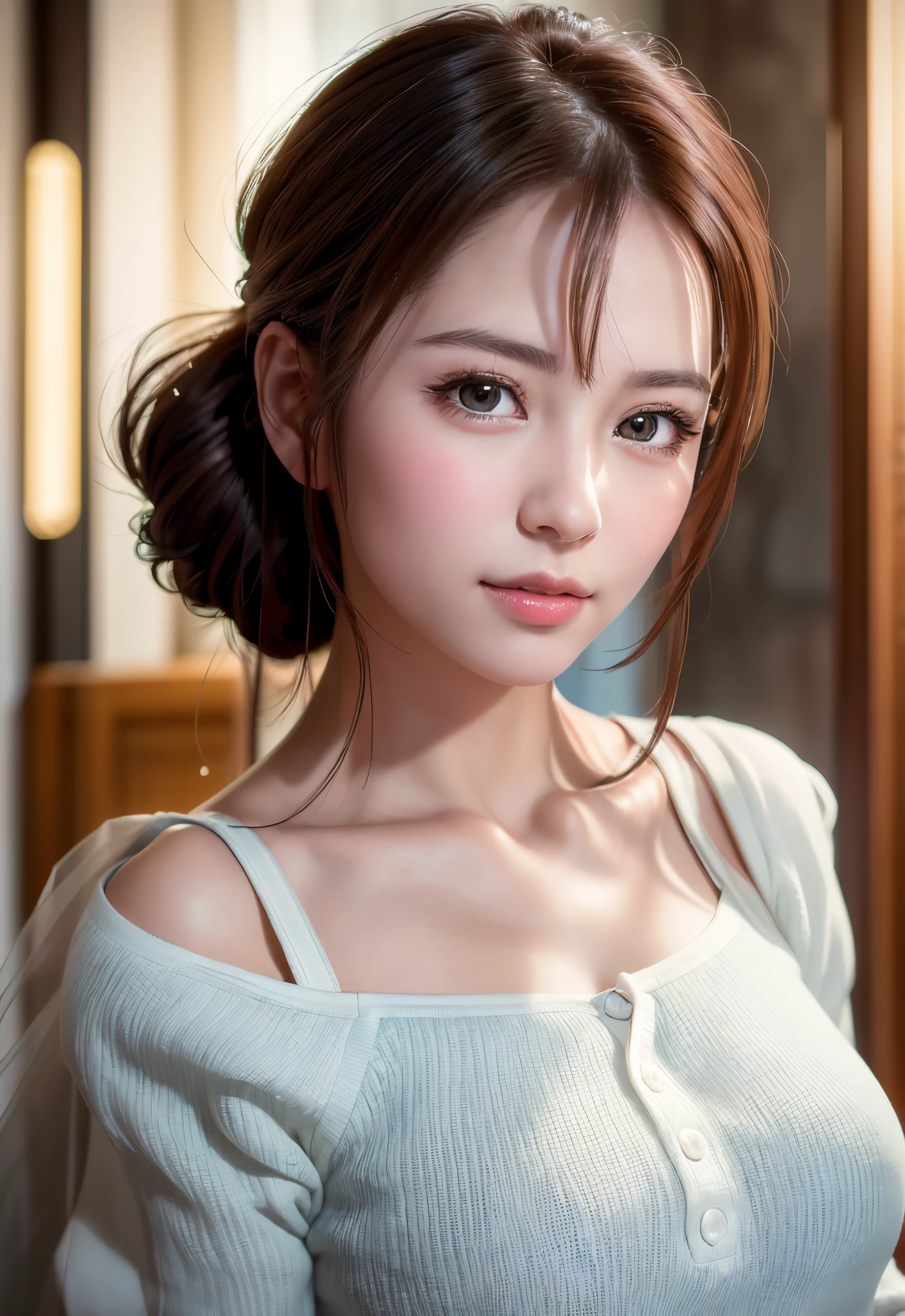 8K, of the highest quality, masutepiece:1.2), (Realistic, Photorealsitic:1.37), of the highest quality, masutepiece, Beautiful young woman, Pensive expression,、A charming、And a gentle look, Cute young lady, Newlywed life、Welcome back、Happy expression、Hair tied back, Cinematic background, Light skin tone