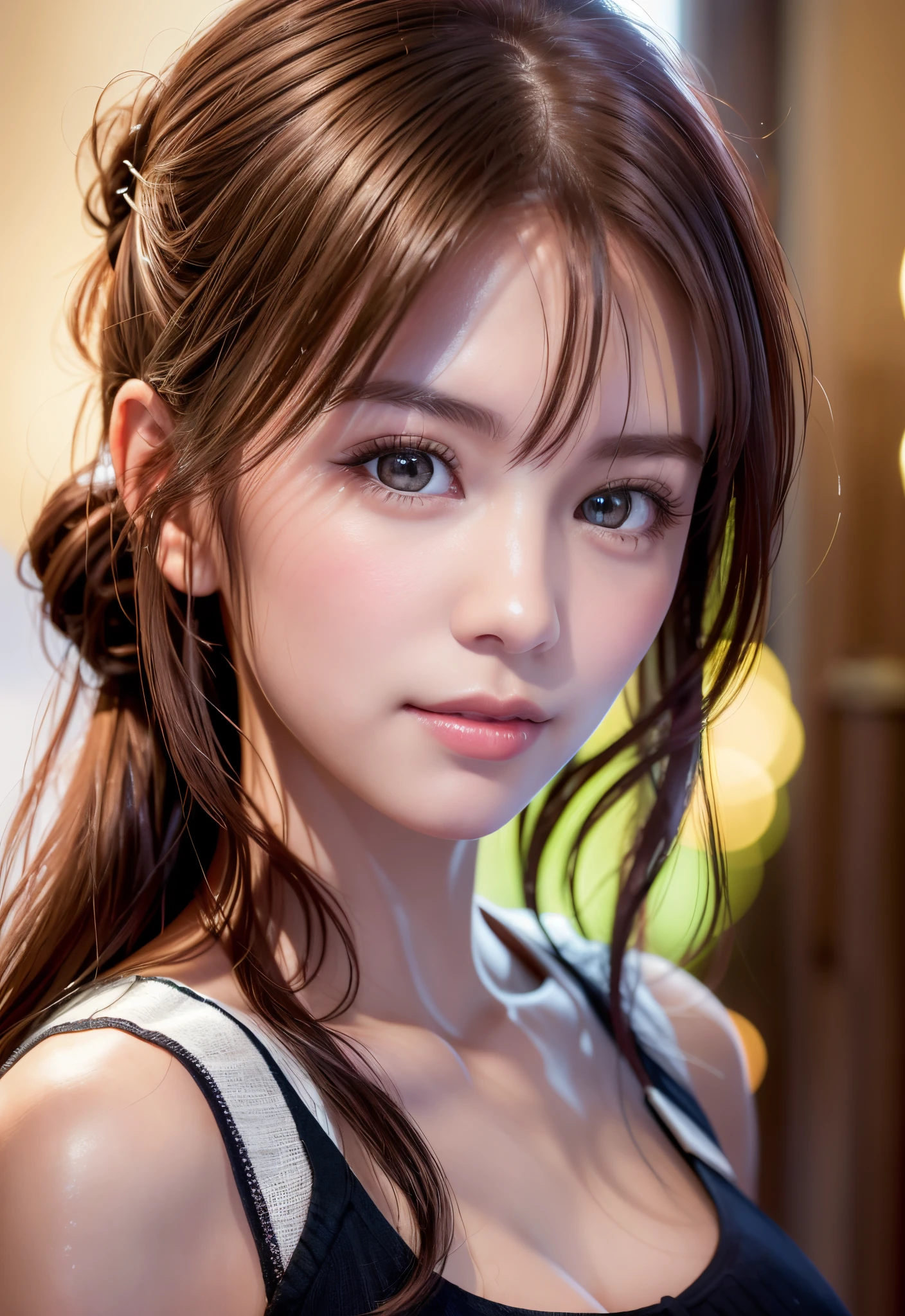8K, of the highest quality, masutepiece:1.2), (Realistic, Photorealsitic:1.37), of the highest quality, masutepiece, Beautiful young woman, Pensive expression,、A charming、And a gentle look, Cute young lady, Newlywed life、Welcome back、Happy expression、Hair tied back, Cinematic background, Light skin tone
