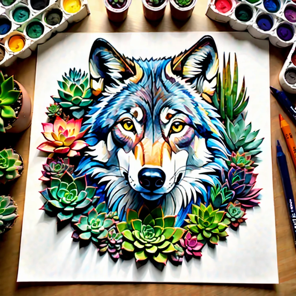 stunning angle, an experienced artist carefully crafting a paper depiction of a wolf's countenance on a table, skilled hands of an elderly artist bringing to life a stunning illustration of a wolf's visage on a table, adorned with lush succulents and a breathtaking crayon rendering, capturing every intricate detail with precision and high definition.surrounded by a collection of vibrant succulents and a captivating crayon art masterpiece, radiating a serene and detailed ambiance with expert brushwork and superior resolution,