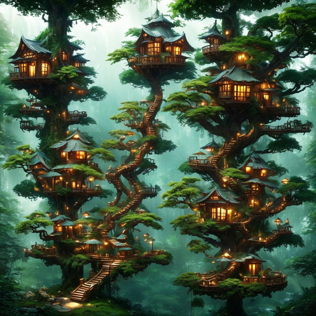 a tree house with lights on it in the middle of a forest, tree house, cyberpunk tree house, treehouse, tree town, fantasy tree, bonsai tree house, 4k highly detailed digital art, incredibly high detailed, made of tree and fantasy valley, the battle for the treehouse, 8k high quality detailed art, very high detailed, beautiful detailed fantasy, floral jungle treehouse