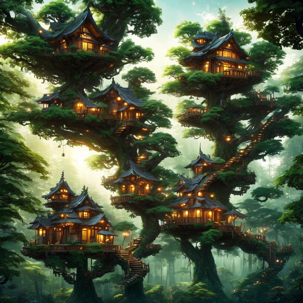 a tree house with lights on it in the middle of a forest, tree house, cyberpunk tree house, treehouse, tree town, fantasy tree, bonsai tree house, 4k highly detailed digital art, incredibly high detailed, made of tree and fantasy valley, the battle for the treehouse, 8k high quality detailed art, very high detailed, beautiful detailed fantasy, floral jungle treehouse