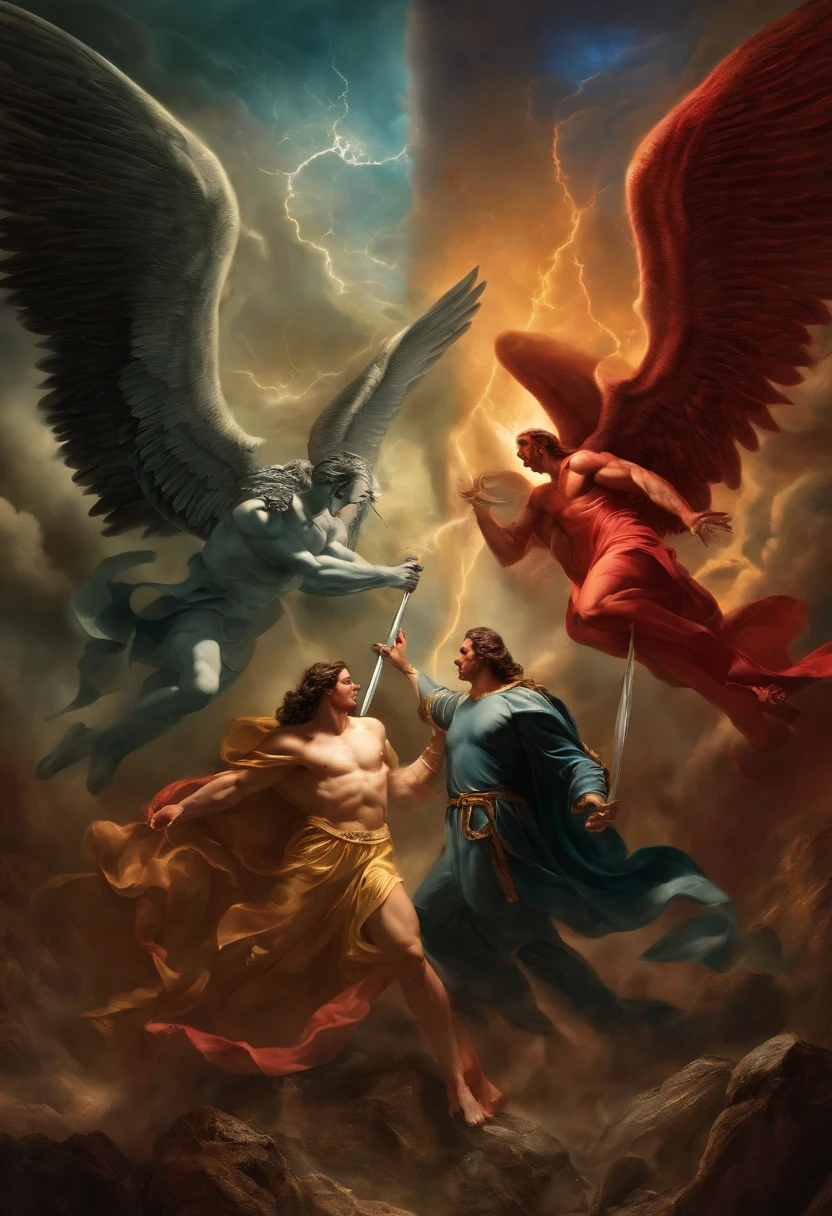 Satan fighting the angels in an intense battle