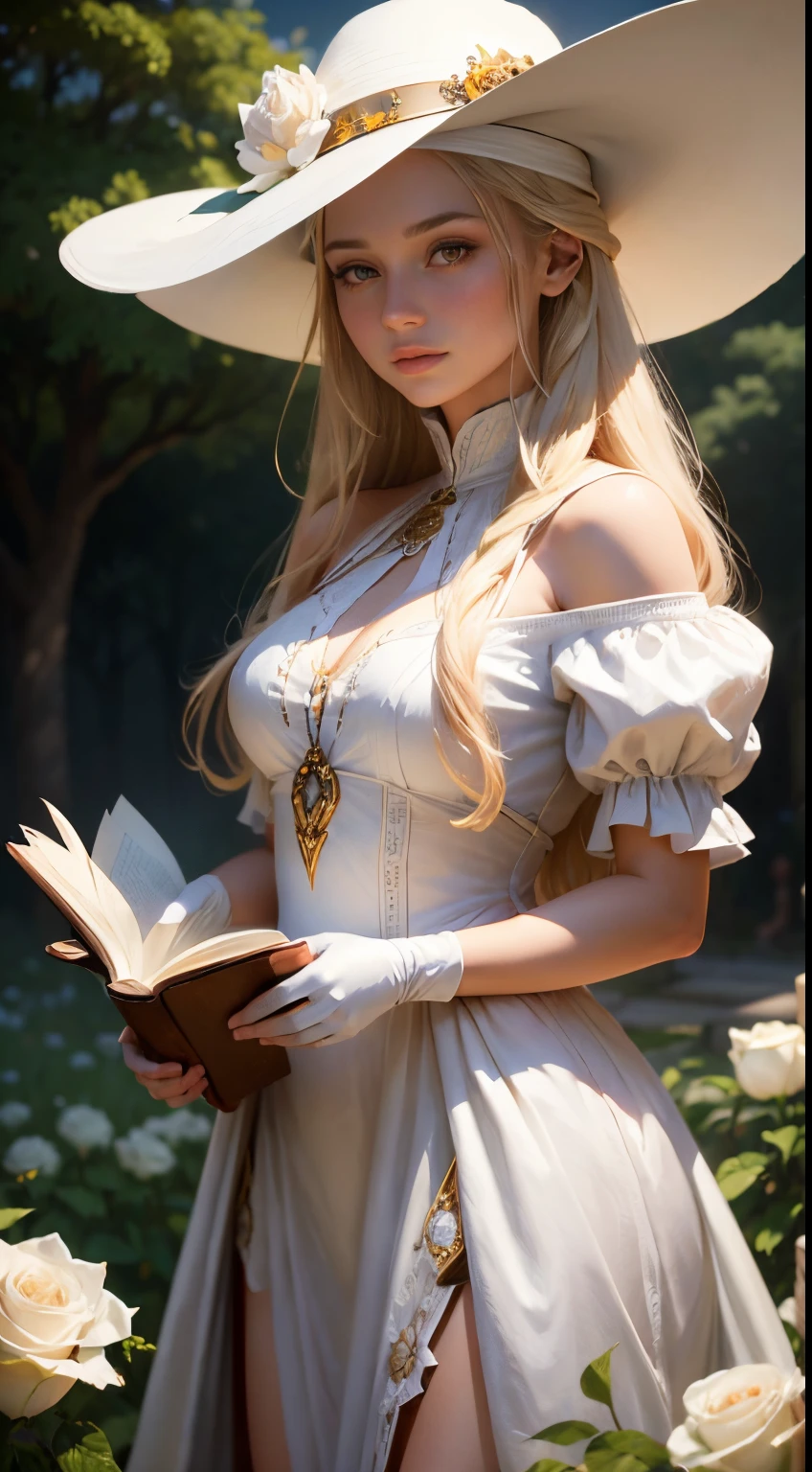 Beautiful girl, The girl smiles sweetly, Girl reading a huge ancient book, His face is illuminated by the bright rays of the sun, The girl is dressed in a white dress, witch's hat on the head, The perfect female face of the goddess, Деталь 8k, photo realistic style, sharp-focus, Professional lighting, colorful details, The painting is built according to the rule of the golden ratio, Around the garden of white roses, full-arm-gloves