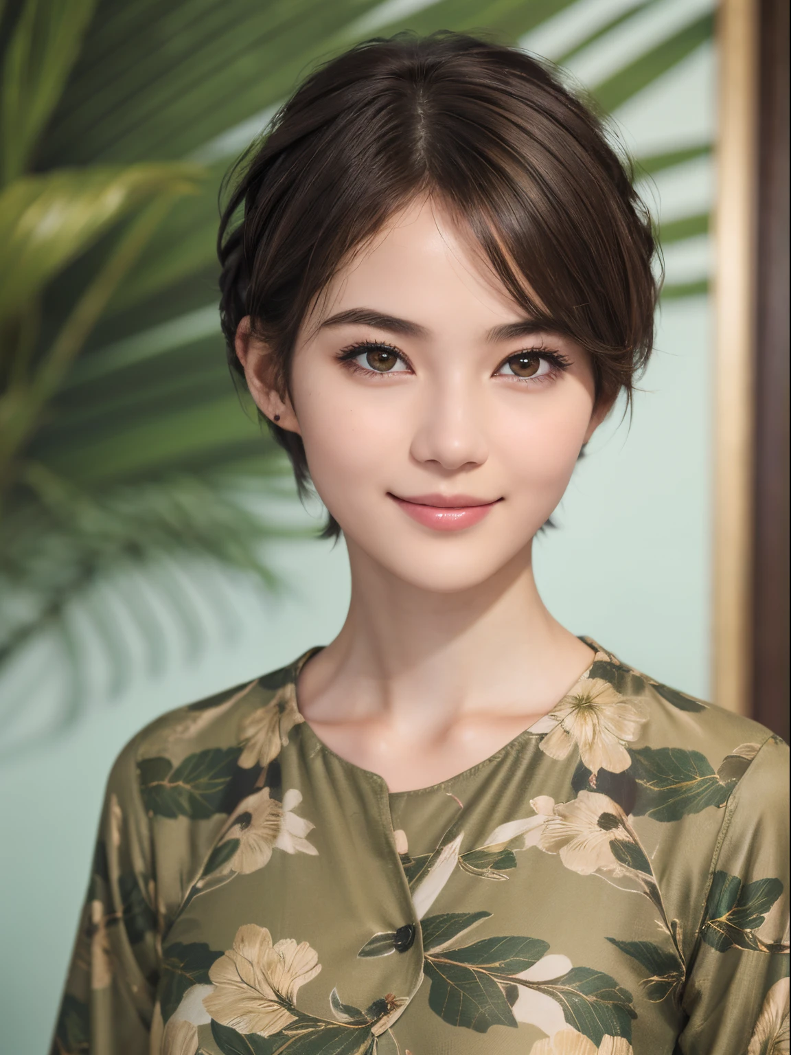 111
(a 20 yo woman,is standing), (A hyper-realistic), (high-level image quality), ((beautiful hairstyle 46)), ((short-hair)), (Gentle smile), (breasted:1.1), (wildlife print clothing)