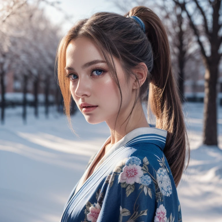 detailed face, detailed skin, detailed environment, intricate details, photorealistic, realistic, UHD, 8K, 1girl, blue_kimono, blond_hair, ponytail, blue_eyes, snow, outdoor, garden, half_body_shot,