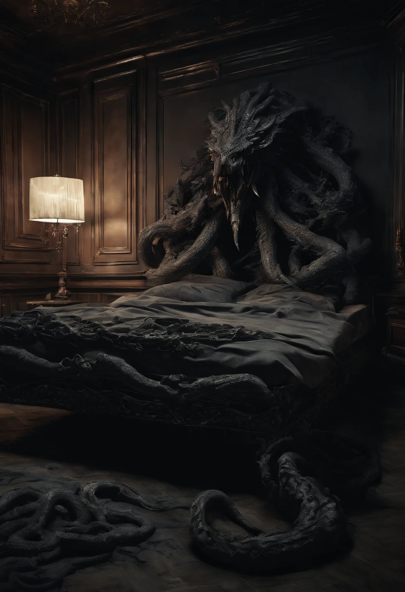 3d render, (masterpiece:1. 3), (8k, photorealistic, RAW photo, best quality: 1. 4), Closeup of a giant huge oversized scary angry Hydra terminate, a girl sleeping in a bed in a bedroom, rococo style, candlelight
