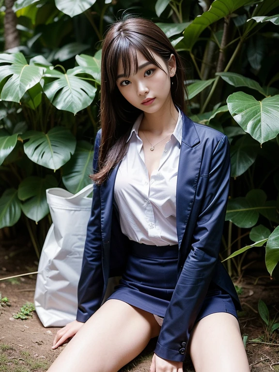 ((top-quality、in 8K、masterpiece:1.3、Raw photo))、Super high quality photos, In the tropical jungle, ((Wearing business suit jacket and skirt)), ((Wear a white blouse shirt under the jacket)), ((Perfect beauty 20 year old idol Japan woman)), ((a smile)), ((nipples sticking out under the shirt,)), ((slim figure)), ((Slim legs)), ((slim thigh)), ((Perfect beauty 20 year old idol Japan woman)), (Photorealistic: 1.4), (Ultra-high detail), (hyper realisitic: 1.4), (Realistic: 1.3), (Smooth lighting: 1.05), Full body, 1girl in, Solo, (Japanese actressl), 20yr old, cinematlic lighting, ((slim figure)), ((Leaner figure)), Good anatomy, Correct anatomy, In the tropical jungle, ((Perfect beauty 20 year old idol Japan woman)), ((slim figure)), ((Slim legs)), ((slim thigh)), ,((Perfect beauty)), ((He has a small camping bag in one hand.)), ((Panties are slightly visible)),