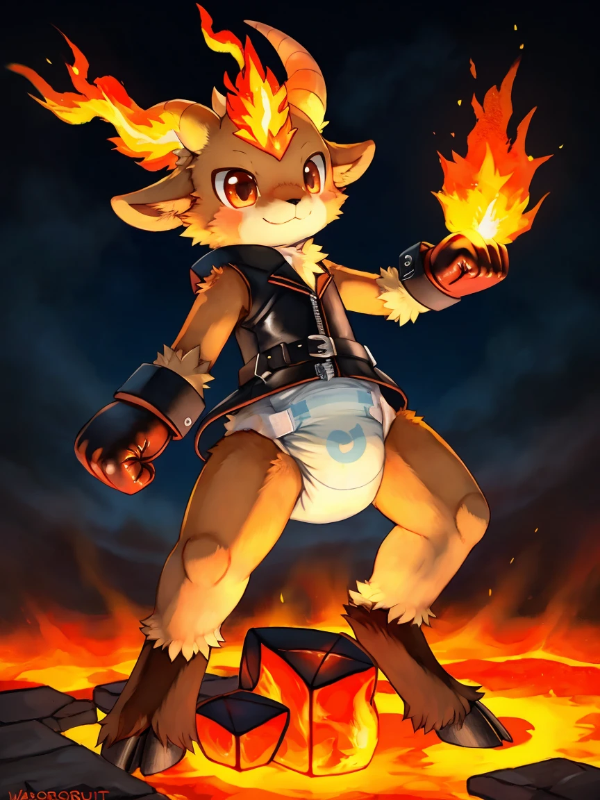 ((by wadorigi on Twitter)(Lamb)), pokemon, kid proportions, cute, adorable  , thin thighs, hooves,  upper limb hooves, light orange fur, horns made of magma ,( flames on surroundings), surrounded by flames , fire on background, wearing soggy messy padded  diaper, wearing dark red waistcoat,(leather cube shaped padded  fist mitts), leather wrist cuffs, sky diving, in sky