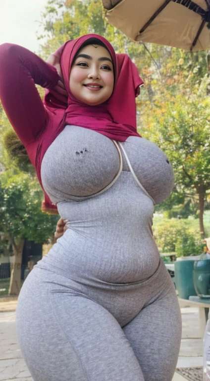 masterpiece, high quality photos, detailed photos, beautiful chubby Malay woman wearing a hijab, has super plump breasts, wearing a tight t-shirt, sexy leggings, big buttocks, posing smiling in the park, detailed body description, detailed facial description,