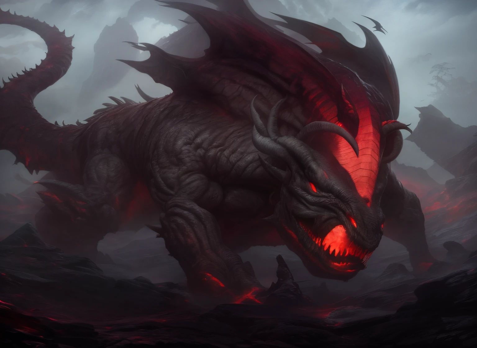 Draw a monster, In a place with heaven and earth red as blood, a hideous monster made of flesh appears. he has many eyes, legs and arms. he has a yellowish eye that is on top of the pile of meat. he doesn't have a mouth. red lightning and thunder crash around him as he watches. dark fantasy style, 4K digital art