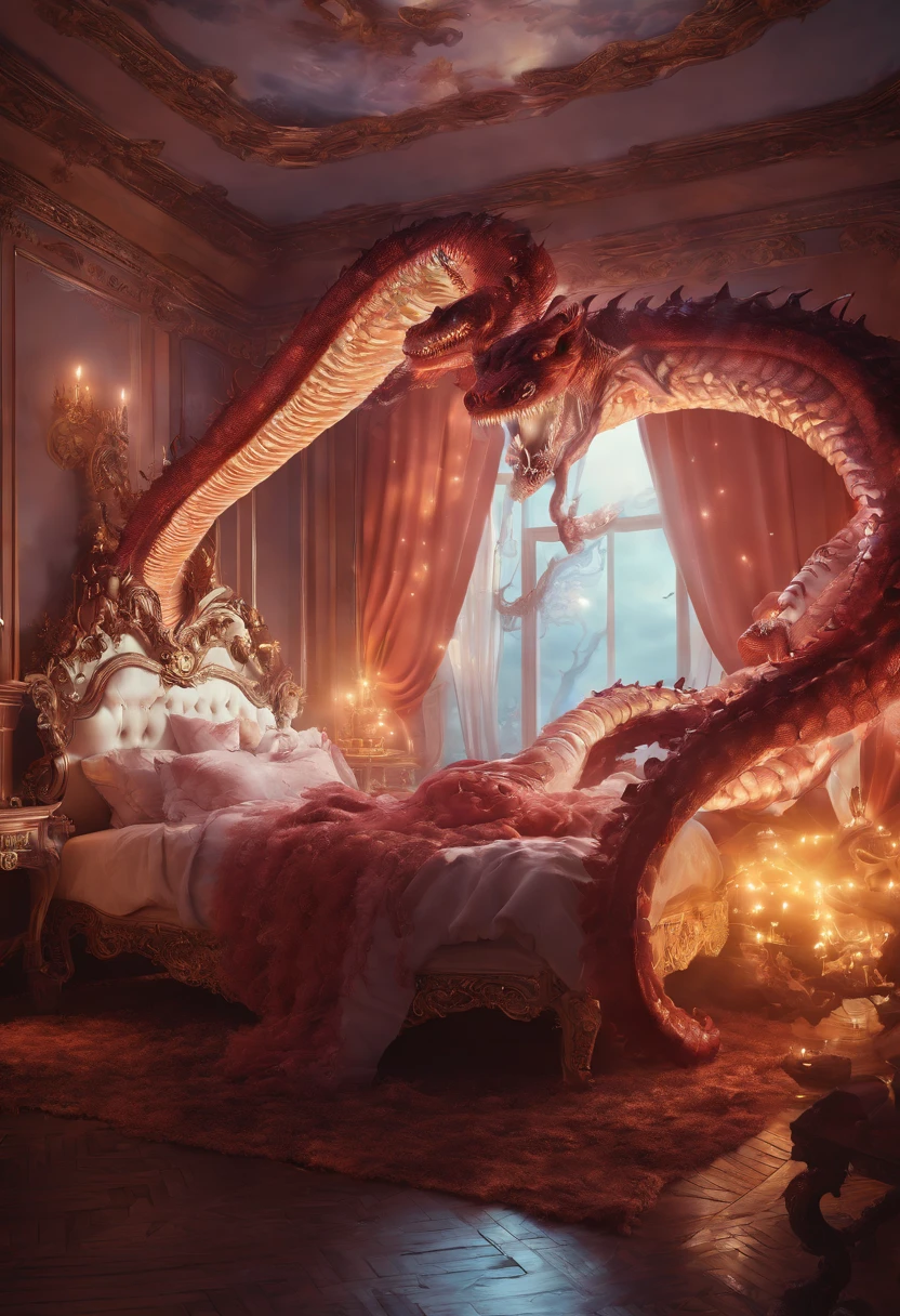 3d render, (masterpiece:1. 3), (8k, photorealistic, RAW photo, best quality: 1. 4), Closeup of  a giant huge oversized scary angry Hydra terminate, a girl sleeping in a bed in a bedroom, rococo style, candlelight