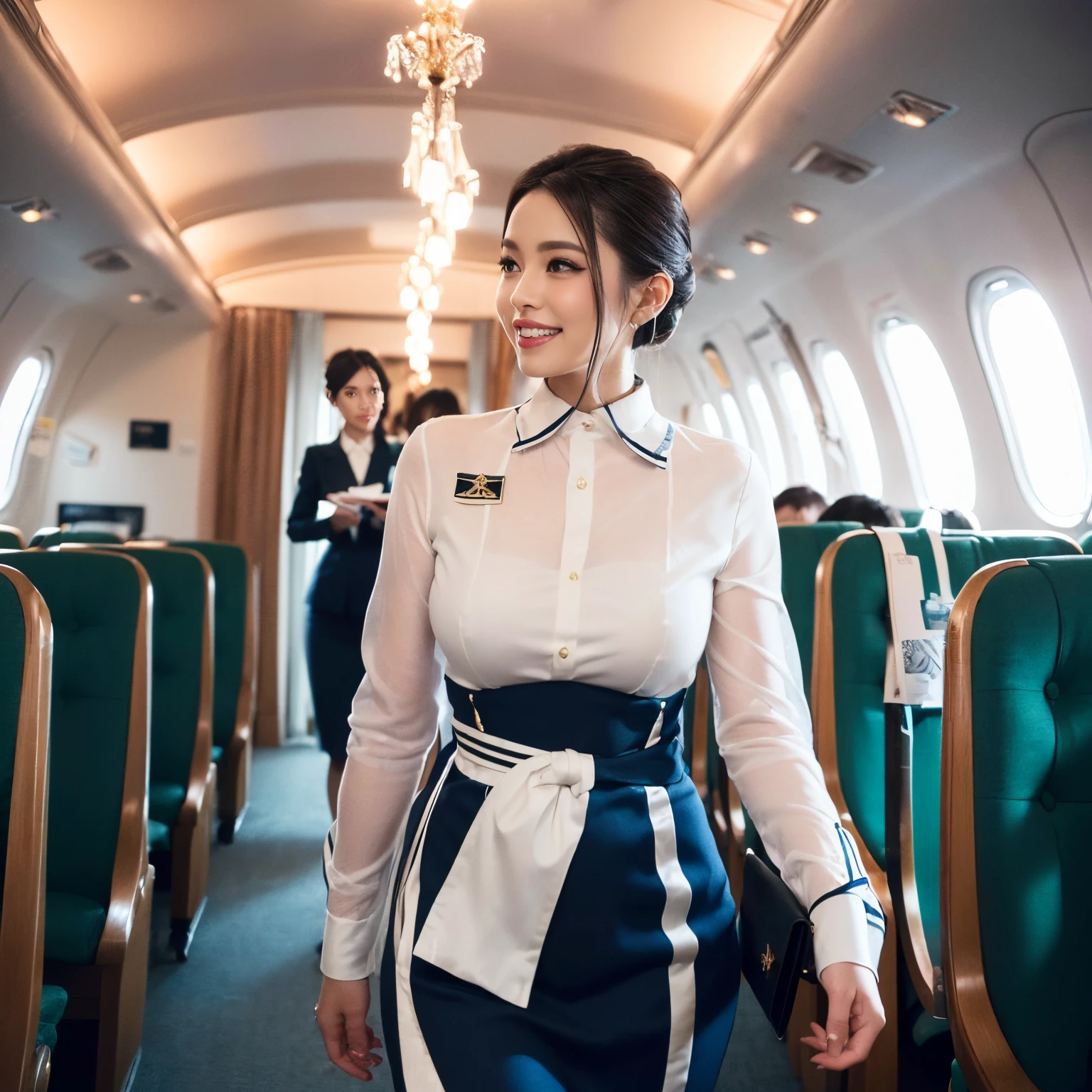 ((top-quality、masutepiece、8K、Top image quality、Hyper-Realism))、(1 photo:1.5)、((1 female stewardess、walk gracefully down the aisle、cowboy shot、Take a photo of her from the waist up))、(Photo from the waist of a woman:1.5)、(Female upper body photo:1.5)、((The background is an airplane aisle、The floor is the highest quality carpet、Intricate and luxurious decoration、The most luxurious and luxurious interior、luxurious royal interior))、(The most luxurious and luxurious royal palace interiors:1.5)、(crystal chandeliers:1.5)、(The finest royal seat:1.5)、(The most luxurious royal interior:1.5)、(She'walking down a perfect aisle:1.5)、(perfect stewardess uniform:1.5)、(Exposing the forehead、Chignon:1.5)、hyperdetailed face、large full breasts、The Biggest Smile、white big teeth、Perfect makeup、long eyelashes、View me、smile your best smile、perfect anatomia