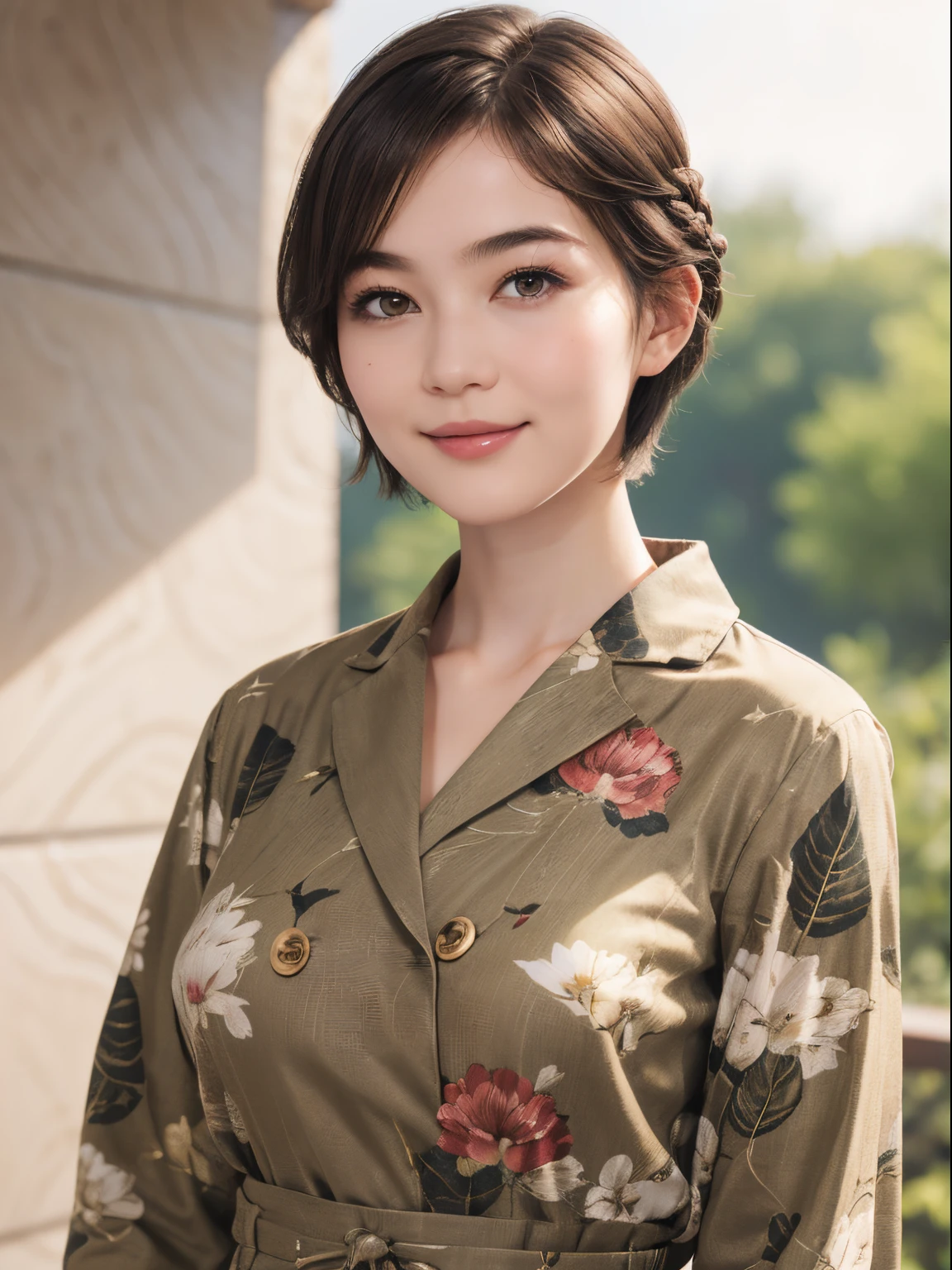111
(a 20 yo woman,is standing), (A hyper-realistic), (high-level image quality), ((beautiful hairstyle 46)), ((short-hair)), (Gentle smile), (breasted:1.1), (wildlife print clothing)