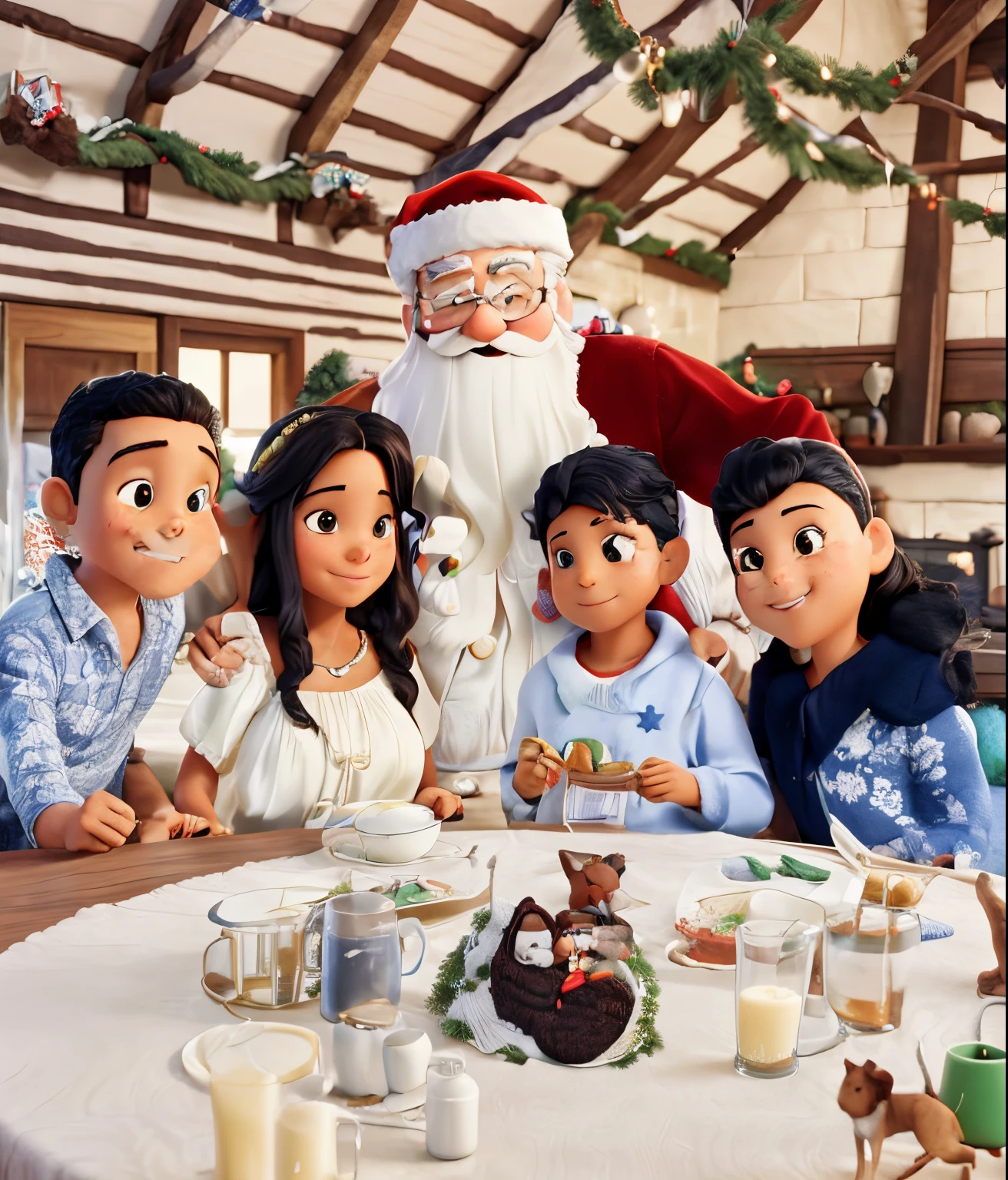 Family portrait picture featuring Santa, the father is a Latino male with wavy black hair, mum is a dark brown slim women the kids are 11 and 8 all very happy