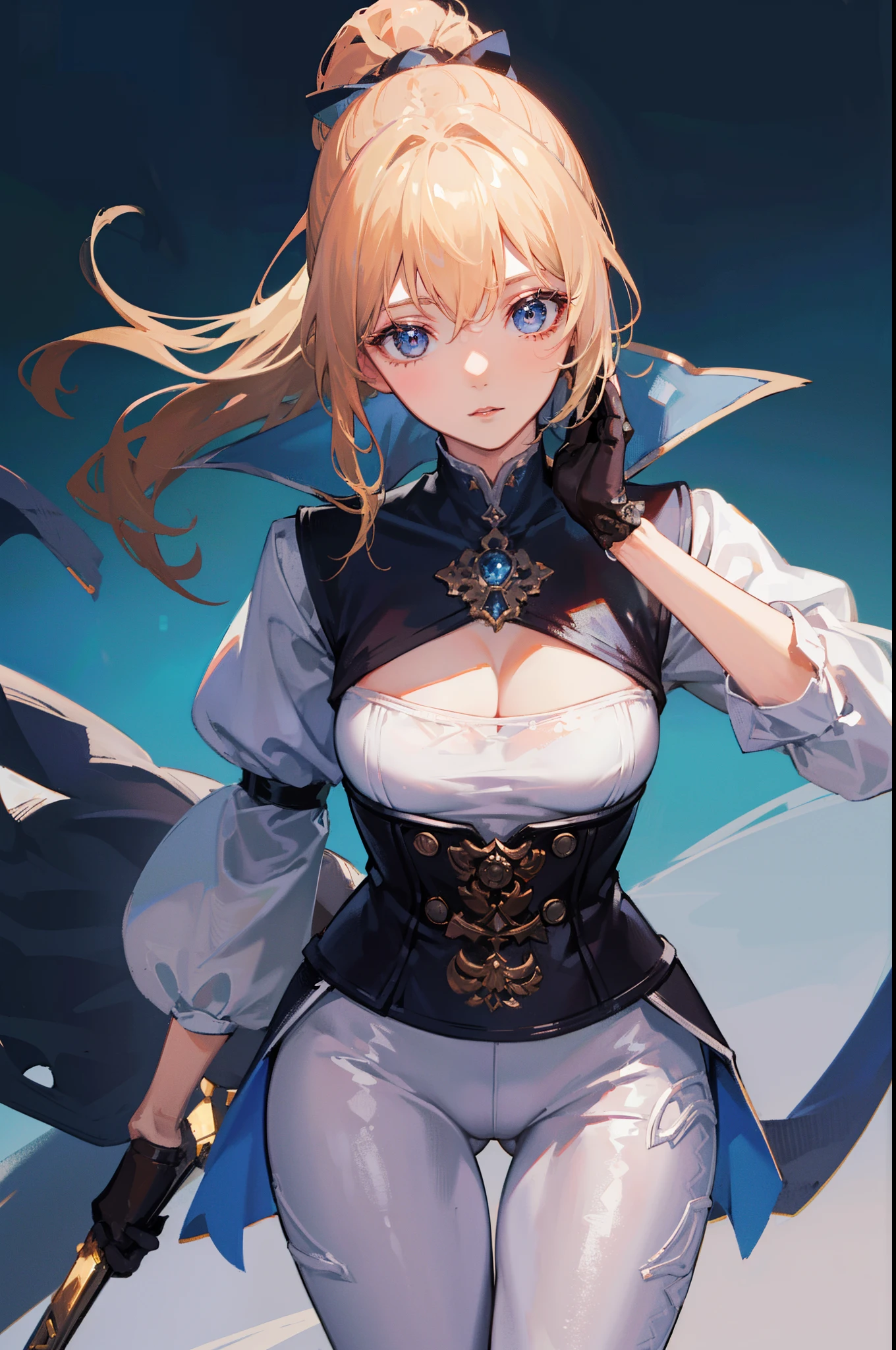 Jangunhild, Jean, Blonde hair, Blue eyes, hair between eye, Medium Hair, Ponytail,
BREAK black gloves, blue capelet, Capelet, cleavage, corsets, Detached sleeves, gloves, Pants, Strapless, (White pants:1.5),
Break indoors, castle,
BREAK looking at viewer, (Cowboy Shot:1.5),
BREAK (masutepiece:1.2), Best Quality, High resolution, Unity 8k壁纸, (Illustration:0.8), (Beautiful detailed eyes:1.6), extra detailed face, Perfect Lighting, extremely details CG, (Perfect hands, Perfect Anatomy),