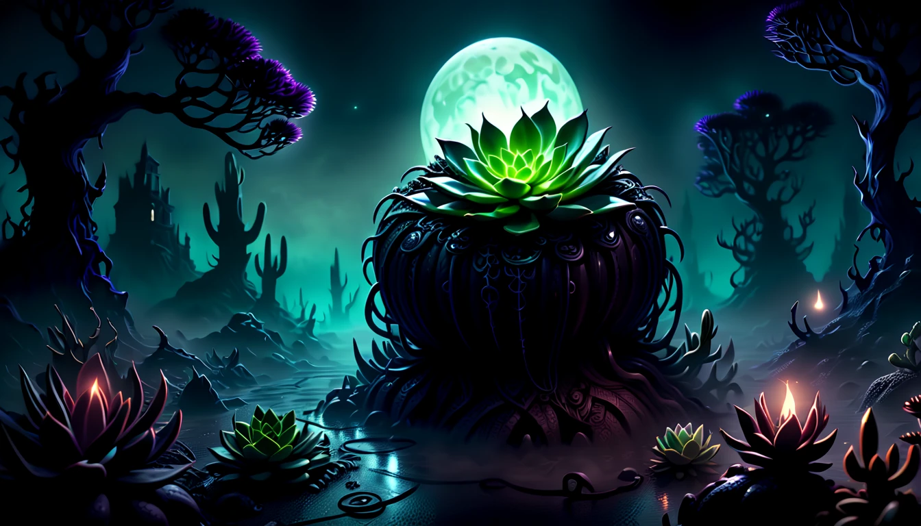 nightmare succulent planet in the midst of a dark fantasy world, character straight out of a dark fantasy game, shining suspiciously a testament to its fearsome power, mysterious aura of exquisite detail, exudes both terror and awe, surroundings and eerie mist add to the overall atmosphere., rendered in a realistic style, illustration captures the eerie atmosphere of a dimly lit night, around cursed and chaos adding to the sense of dread, visually stunning image, range of stylistic variations and details on the type of render, realistic dark game of ballpoint pen and gel official art, extremely incredibly detailed, intricate insane details.